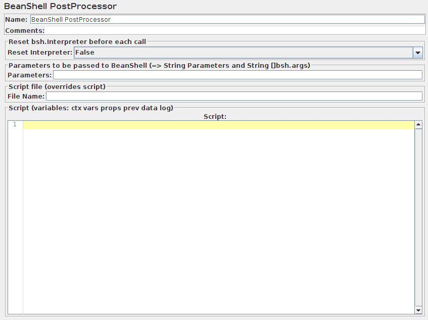 Captura de pantalla del panel de control de BeanShell PostProcessor