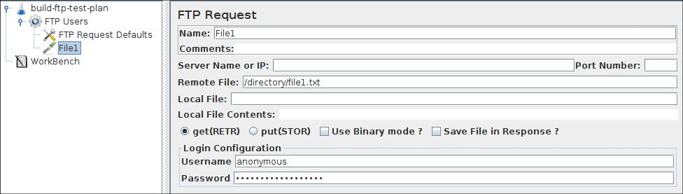 Captura de pantalla del panel de control de la solicitud de FTP