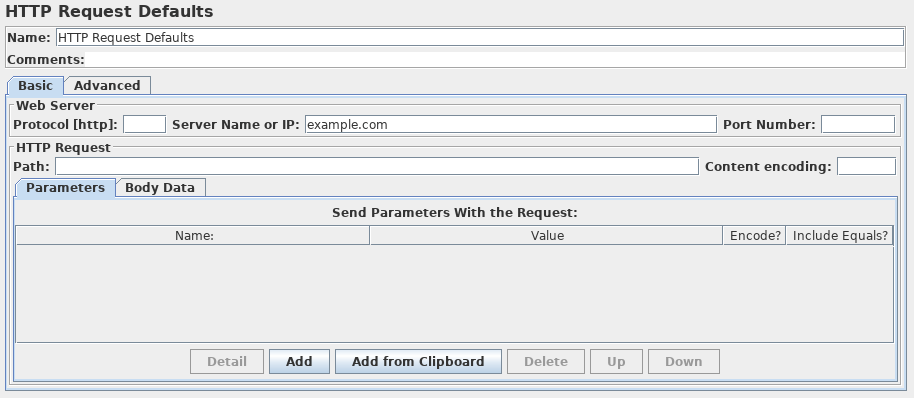 Captura de pantalla del panel de control de los valores predeterminados de solicitud HTTP