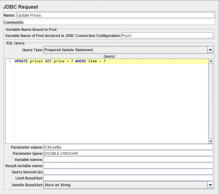 Captura de pantalla del panel de control de la solicitud JDBC