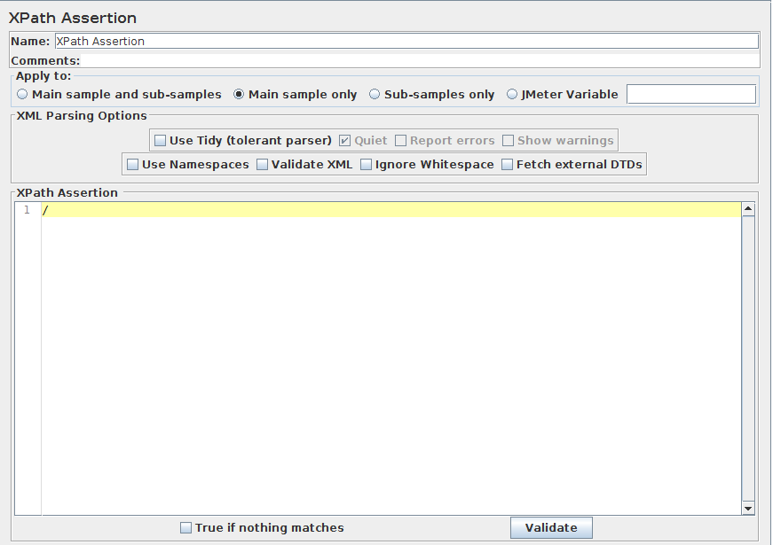 Captura de pantalla del panel de control de la aserción XPath
